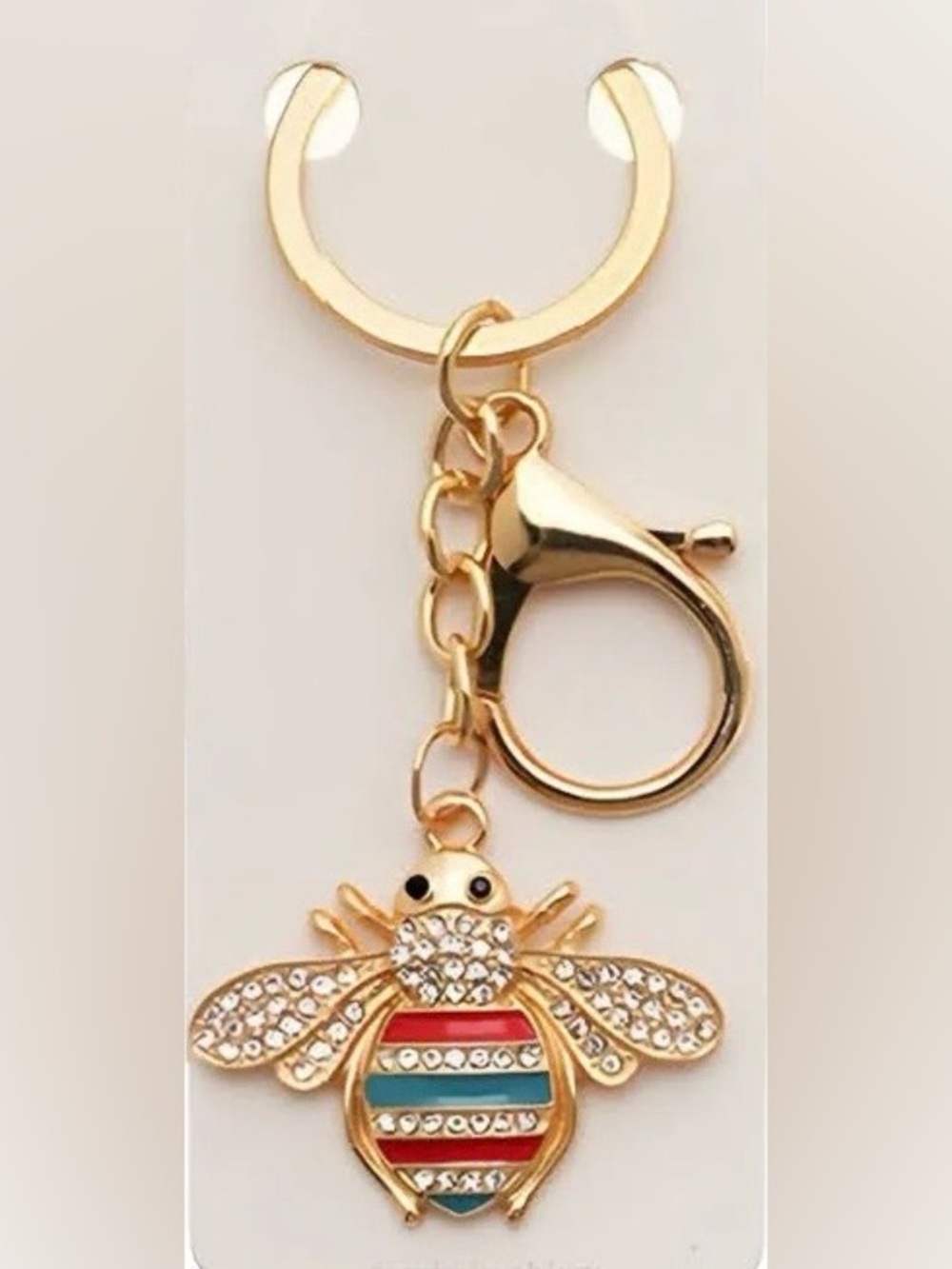 Mint Gold Bee Bag Charm/ Keychain with Red and Teal Stripes & Crystal Wings NWT